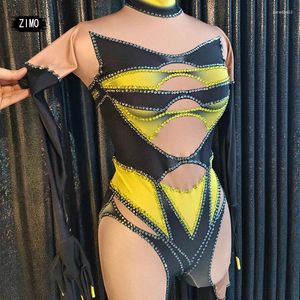 Stage Wear Fashion Black Yellow Rhinestones Jumpsuit Sexy Women Pole Dance Performance Nightclub Stretch Bodysuit Drag Festival Costumes