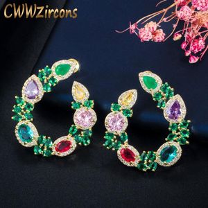 CWWZircons Unique Flower Leaf Design Elegant Yellow Gold Plated Big Round Green Emerald Earrings for Women Jewelry Gift CZ604301N