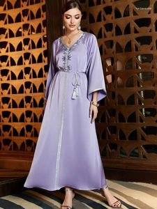 Etniska kläder Satin Ramadan Party Dress for Women Mulsim Abaya V Neck Diamond Jalabiya Maxi Robe Marockan Caftan 2023