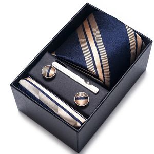 Arco laços 100% seda marca gravata lenço cufflink conjunto para homens gravata caixa de presente de feriado azul ouro terno acessórios fino casamento gravatas 231025