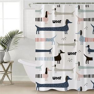 Duschgardiner Dachshund Cartoon Dog Shower Curtain Polyester Vattentät gardin Geometriska randiga barn Badgardin Heminredning med krokar 231025