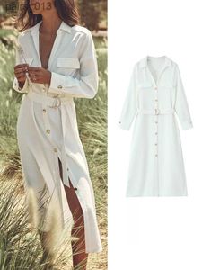 Vestidos casuais básicos traf camisa midi para as mulheres 2023 outono manga comprida aleta bolso cinto vestido moda branco roupas femininas yq231025