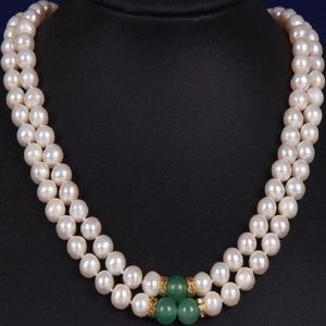 2 rad 8-9mm South Sea White Green Jade Mother Pearl Necklace Yellow Clasp264T