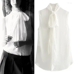 Women's Blouses Formal Striped Bow Blouse Woman Elegant High Collar Sleeveless Tops Office Lady Adjust Back Tie Asymmetric Hem Shirts