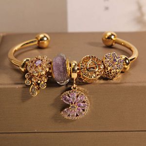 Pan estilo família pulseira aberta feminina ins nicho luz luxo alto sentido amor flores pulseira de cristal roxo