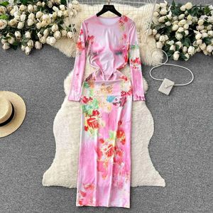 Casual Dresses 2023 Autumn Fashion Women Long Sleeve Round Neck Printed Dress Elegant Lady Bodycon Slim Maxi Party