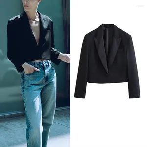 Ternos femininos mulher blazer preto cetim recortado lapela blazers 2023 senhora do escritório ombro almofadas mangas compridas jaquetas curtas casual outwear