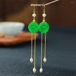 Dangle Earrings Retro Green Jade Hollow Xi Style Pearl Chain Tassel Earring 14K Gold Chinese Ancient Hook For Women Jewelry Gift