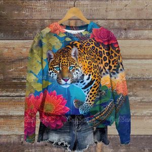 Felpe con cappuccio da donna Autunno Inverno T-shirt a maniche lunghe Donna Pullover allentato Top Donna Felpa con cappuccio Retro Colletto tondo Modello tigre Stampa 3d