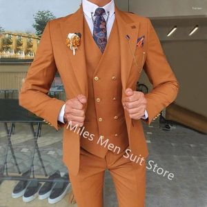 Men's Suits Men Regular Fit 3 Piece Orange Blazer With Gold Buttons Sets For Wedding Prom Male Clothing Big And Tall Jacket Outfits