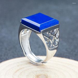 Cluster Anéis Genuíno Lapis Lazuli Anel Quadrado para Homens e Mulheres S925 Pure Silver Incrustado Natural Clássico