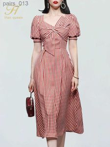 Basic Casual Dresses H Han Queen Elegant Lantern Sleeves High Waist Women Dress Simple Work Vestido V-Neck Mid-Calf Office Party Plaid YQ231025