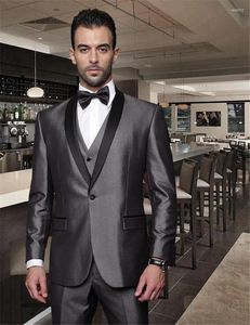 Men's Suits Italian Custom Made Grey Groom Black Lapel One Button Jacket Pants Tie Vest Mens Tuxedos For Wedding Groomsmen