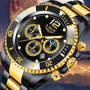 Wristwatches LIGE Mens Watches Top Brand Big Sport Watch Luxury Men Military Steel Quartz Wrist Chronograph Gold Design Male Clock 231025