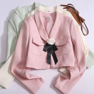 Women's Jackets Korea Fashion Pink Tweed Short Jacket Coat Female Vintage Women Spring Bowknot Lapel Long Sleeve Office Ladies Outerwear