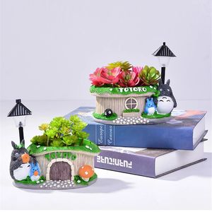 Pots Cartoon Totoro Flower Garden Decor Resin Creative Crafts Planters Home Office Bonsai Succulent Plant Pot Bicolor LED Light 231025