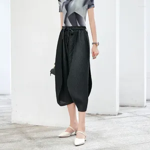 Calças femininas plissadas cintura larga perna elegante e personalizado terno de verão na moda cintura solta cortada casual