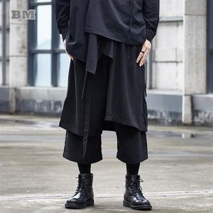 Мужские брюки темной серии, японская уличная одежда, модные лоскутные хакама, креативные укороченные брюки, мужские прямые брюки большого размера, 266p