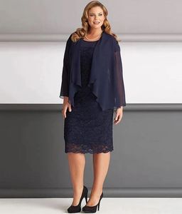 Mors klänningar Lace Mother of the Bride Custom Plus Size Zipper Nya formella raka två stycken Scoop Long Sleeve Chiffon med jacka Dark Navy