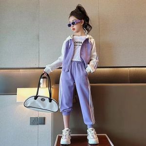 Clothing Sets Girls Sports Set Spring Autumn Korean Junior Kids Striped Hooded Panel CoatPants 2Pcs Suit Chilren Loungewear Clothes for 3-16Y 231025