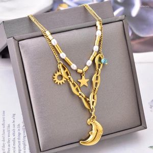 Pendant Necklaces Minar Vintage Double Layered Moon Star Sun For Women 18K Gold PVD Plated Stainless Steel Pearl Strand Choker