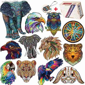 Puzzle Bellissimo puzzle di animali in legno per adulti Bambini Disco di elefante dai colori vivaci Aquila Giocattolo intellettuale Gioco per famiglie popolareL231025