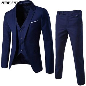 Abiti da uomo Blazer Abiti da uomo Blazer 3 pezzi 2 set Eleganti abiti da sposa di lusso da lavoro Gilet Pantaloni Cappotti blu 2022 Giacche formali Coreano Spedizione gratuita Q231025