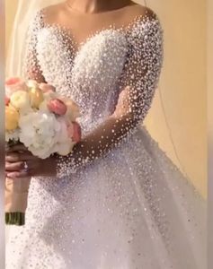 Luxury Pearls Ball Gown Wedding Dress 2024 Illusion Neck Lace Beads Long Sleeves Bridal Gowns Vestidos De Noiva Custom Made