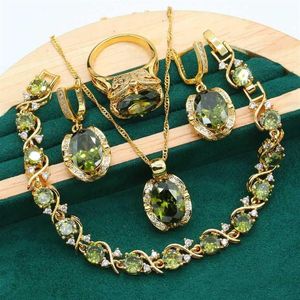 Геометрический свадебный комплект ювелирных изделий золотого цвета для женщин, оливково-зеленый браслет с цирконом, серьги, ожерелье, кулон, кольцо, рождественский подарок H1022221Y
