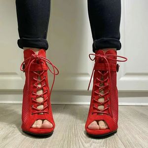 Sandals 2023 Sexy Ballroom Dance Shoes Summer Mesh Short Boots Open High Heels Toe Comfort Quality Red Dancing