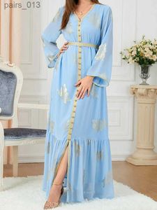 Grundlegende Freizeitkleider, Party, muslimische Abayas für Frauen, bedruckt, langärmelig, V-Ausschnitt, Knopfleiste, Gürtel, Kaftan, geteilter Saum, Kleidung YQ231025