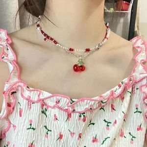 Anhänger Halsketten Y2K Rote Kirsche Herz Perlen Halskette Frauen Boho Layered Samen Perle Kette Vintage Schmuck Geschenke Großhandel