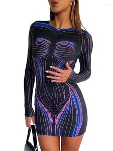 Vestidos casuais haoyuan 3d corpo impressão manga longa curto mini vestido para mulheres 2023 y2k aniversário noite clube outfits sexy elegante bodycon