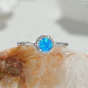 Fedi nuziali Anello mistico con opale di fuoco blu, colore argento, minimalista, impilabile, rotondo, per cinturini da donna, gioielli di fidanzamento nuziale