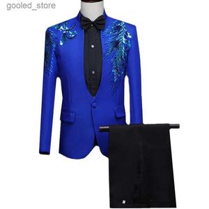 Mäns kostymer Blazers Fashion Men Business Sequin Suit 2 Piece Blue / Red Classic Wedding Dance Party Performance Dress Men's Blazer and Pants Q231025