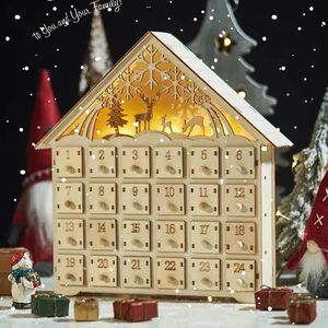 Juldekorationer Wood Christmas Advent Calendars House LED -lampor 24 dagar Countdown Storage Organisation Figurer Rum Dekor 2024 S 231025