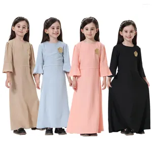 Ethnic Clothing Muslim Girls' Round Neck Applique Waist Tie Up Solid A-line Long Dress