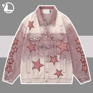 Herrjackor Mens Hip-Hop Washed Denim Jacket Patch Star Embroidery Women Coat Unisex Bomber Pink Cowboy Outwear Spring Autumn Street Jackets YQ231025