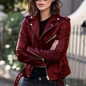 女性革革秋の短いジャケットソリッドメスモトバイカージャケット薄い女性クールなフェイクスリムアウトウェア