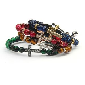 Nya designpar Jesus armband smycken Hela 10st Lot 6mm Natural Tiger Eye Stone Pärlor med tydliga CZ -armband för 259o