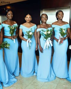 Black Girls African Bridesmaid Dresses Sexxy Off The Shoulder Long Mermaid Sky Blue Maid Of Honor Gowns Sweep Train Plus Size Wedding Guest Dress Marriage CL2817