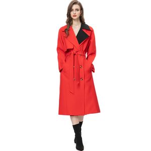 Women's Runway Trench Coats Notched Collar Long Sleeves Color Block Double Breasted Fashion Outerwear with Belt