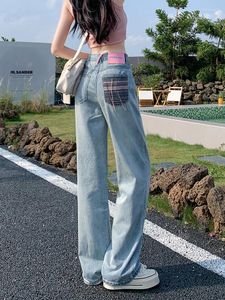 Kadınlar kot pantolon düz bacak yaz ince 2023 yüksek bel yıkamış gevşek geniş bacaklı pantolon