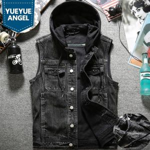 Autumn New Mens Washed Denim Vest Jacket Hoody Single Breasted Cowboy Jeans Waistcoat Slim Fit Tank Plus Size Biker Outerwear297G