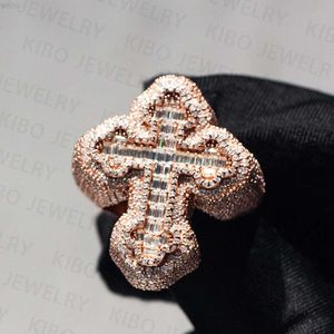 Luxury Two Color Iced Out Cross Ring Hip Hop Rapper VVS D Color Moissanite Diamond Baguette Cut for Mens Jesus Cross Rings