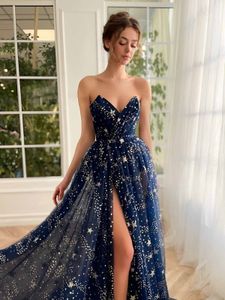 Kvinnors Sparkle Starry Tulle Prom Dresses Axless Slit Formal Evening Party -klänningar