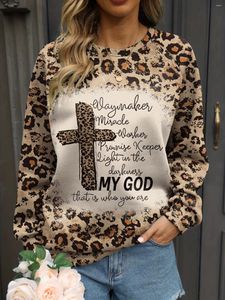 Women's Hoodies Plus Size Casual Sweatshirt Leopard & Cross Slogan Print Long Sleeve Round Neck Slight Stretch Pullover Top