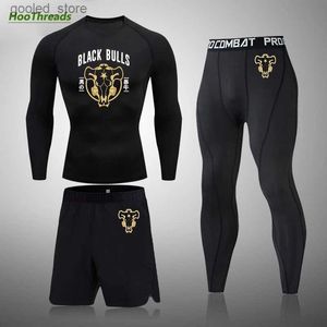 Fatos masculinos Anime Black Clover Athletic Workout Conjuntos de compressão para homens 3 peças Fitness Suit Rash Guard Undershirt Tops Calças Shorts Q231025