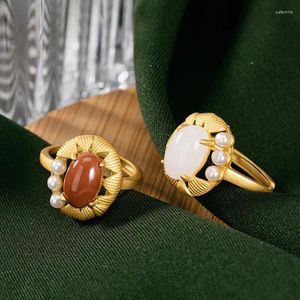 Cluster Rings Original S925 Sterling Silver Gold Southern Red Agate Natural Hetian Jade Pearl Personality High-End Female Opening Ring
