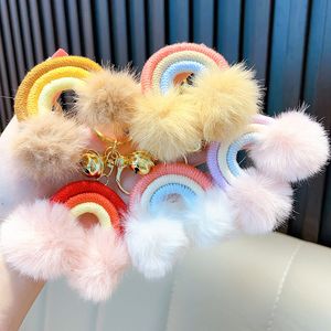 Boho style woven rainbow small clouds Hairball Car keychain accessories Cute plush fringe bag hanging ornaments